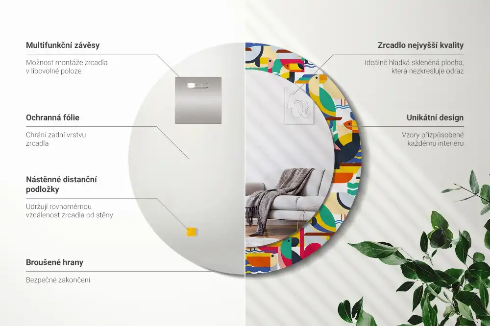 Okrúhle zrkadlo s potlačeným rámom Geometrické tropické vtáky