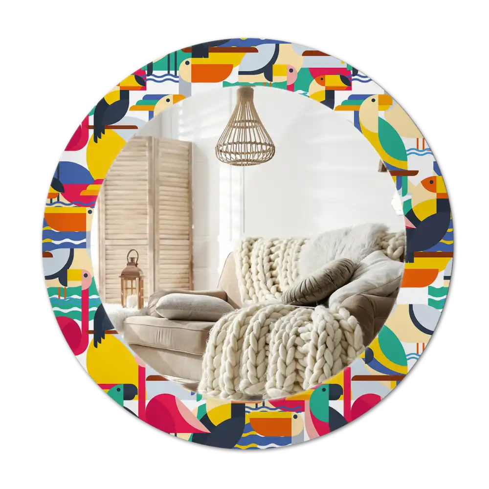 Okrúhle zrkadlo s potlačeným rámom Geometrické tropické vtáky