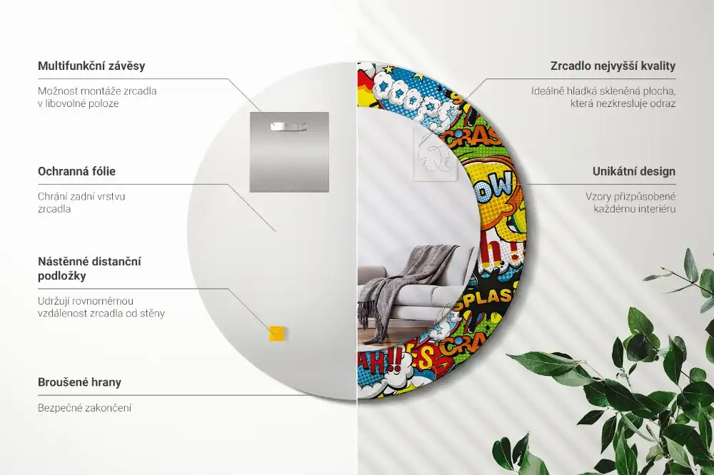 Okrúhle zrkadlo rám s potlačou Vzor v štýle komiksu