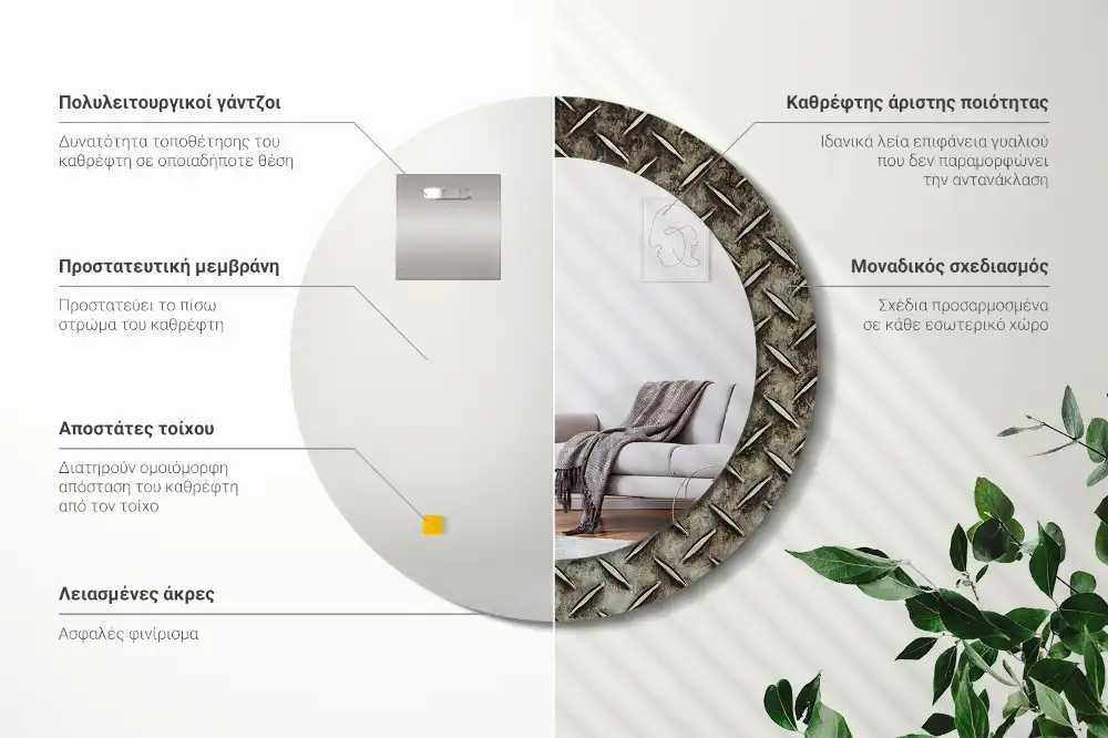 Okrúhle zrkadlo s potlačeným rámom Oceľová textúra