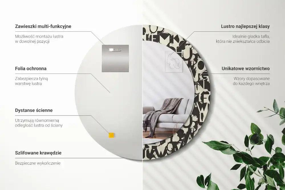 Okrúhle zrkadlo rám s potlačou Listy