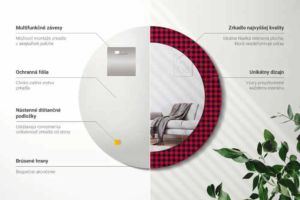 Okrúhle zrkadlo s potlačeným rámom Červená kockovaná