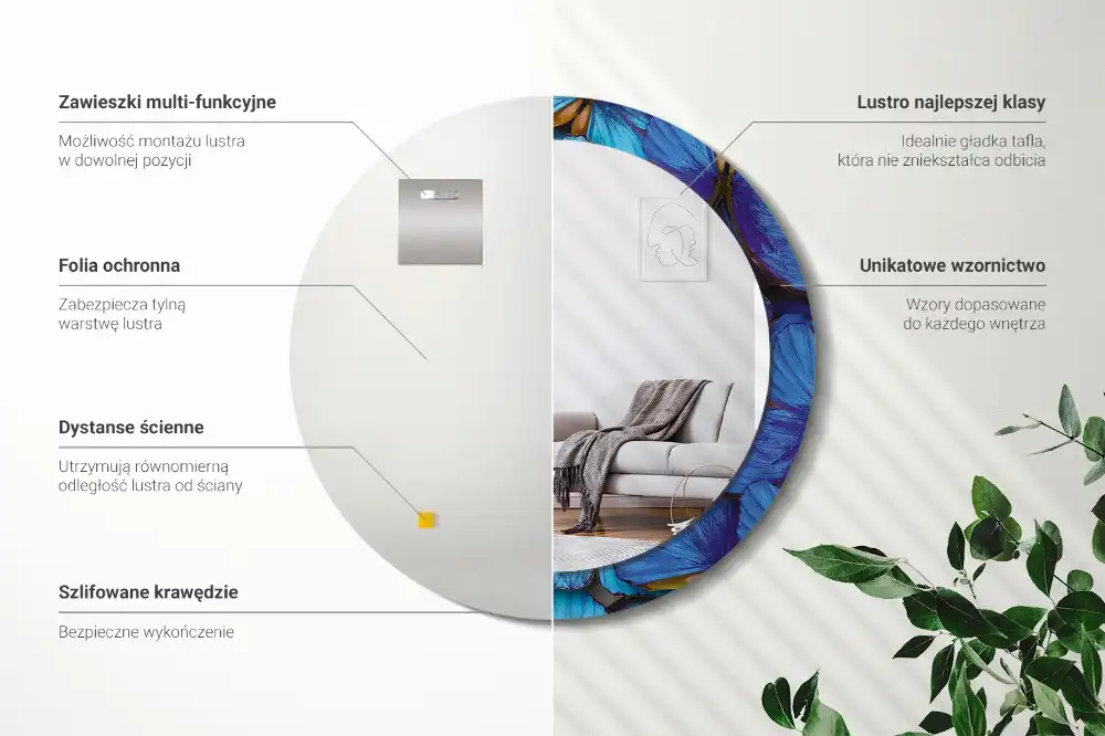 Okrúhle zrkadlo s potlačeným rámom Modrý a zelený motýľ