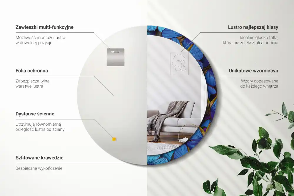 Okrúhle zrkadlo s potlačeným rámom Modrý a zelený motýľ