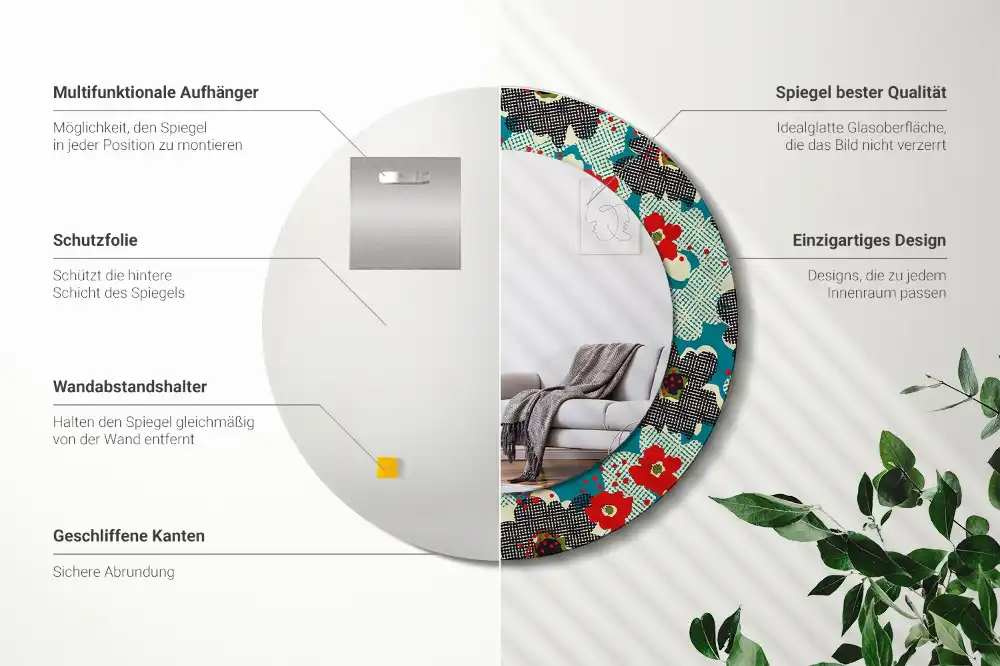 Okrúhle zrkadlo rám s potlačou Retro kvetinový vzor