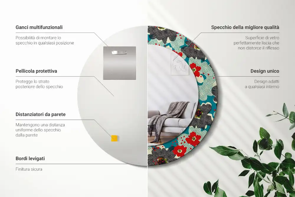 Okrúhle zrkadlo rám s potlačou Retro kvetinový vzor