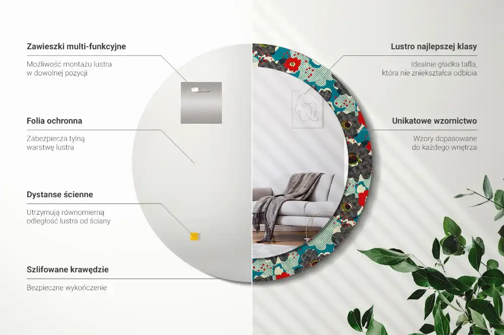 Okrúhle zrkadlo rám s potlačou Retro kvetinový vzor