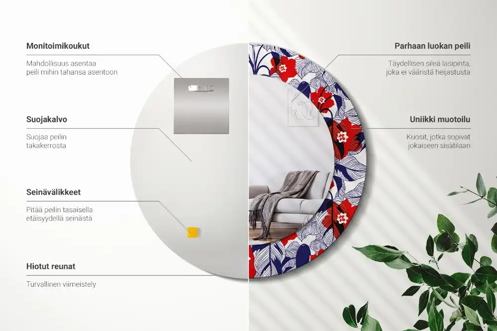 Okrúhle zrkadlo s potlačeným rámom Filodendrony