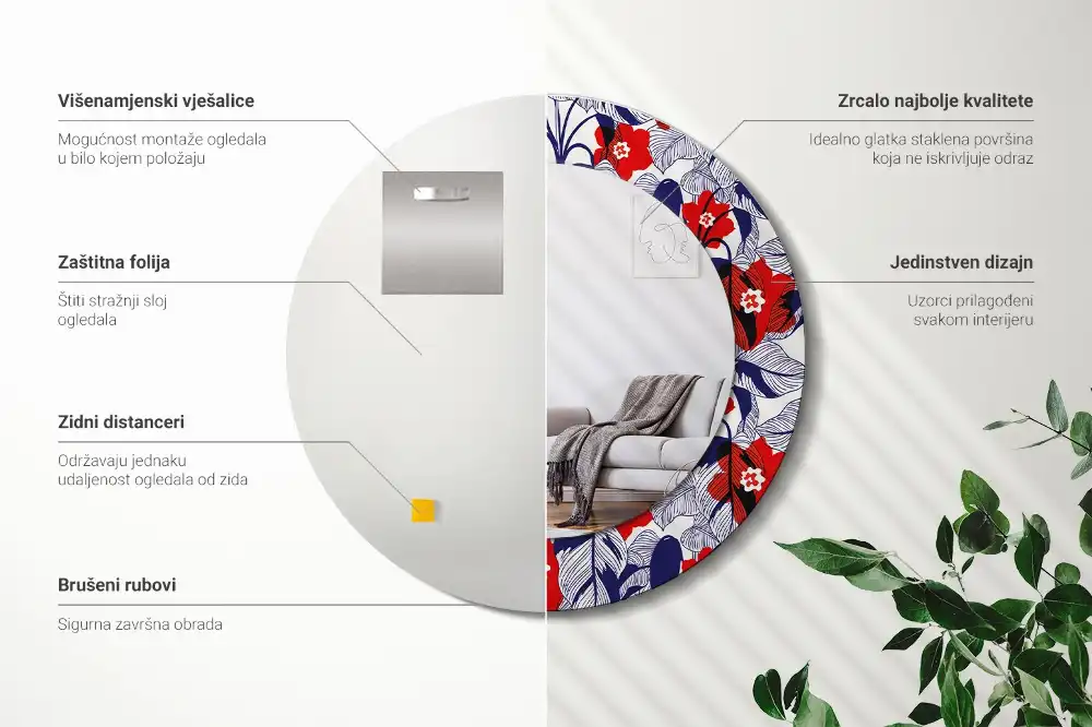 Okrúhle zrkadlo s potlačeným rámom Filodendrony