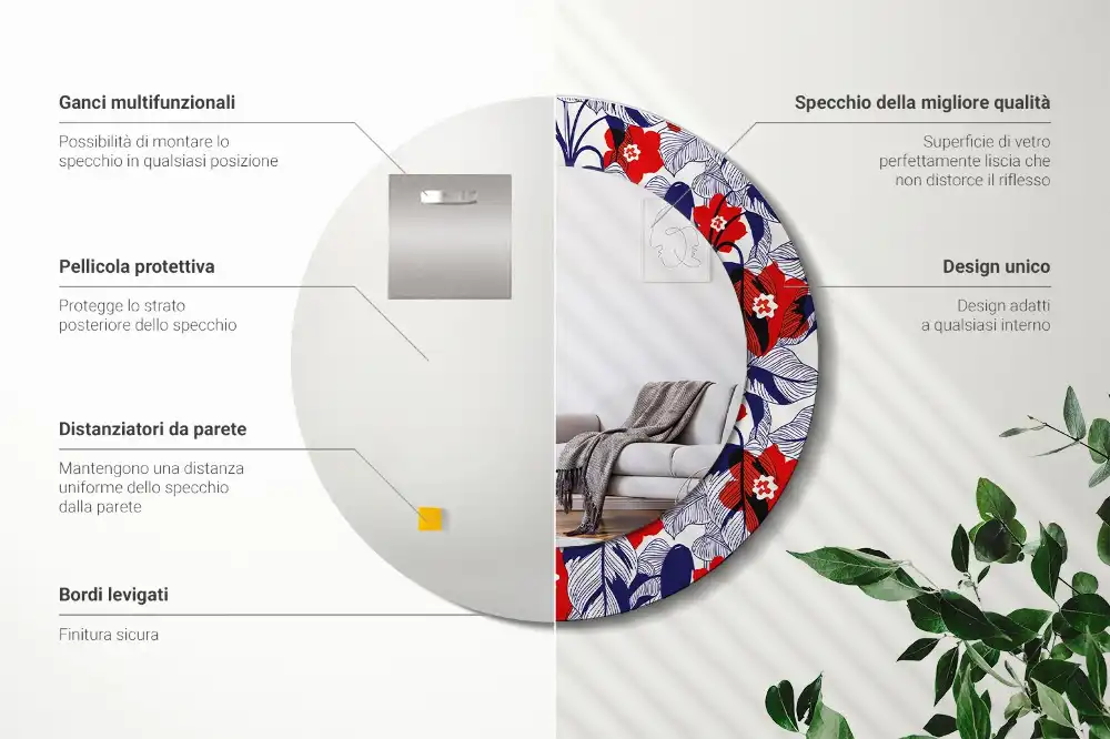 Okrúhle zrkadlo s potlačeným rámom Filodendrony