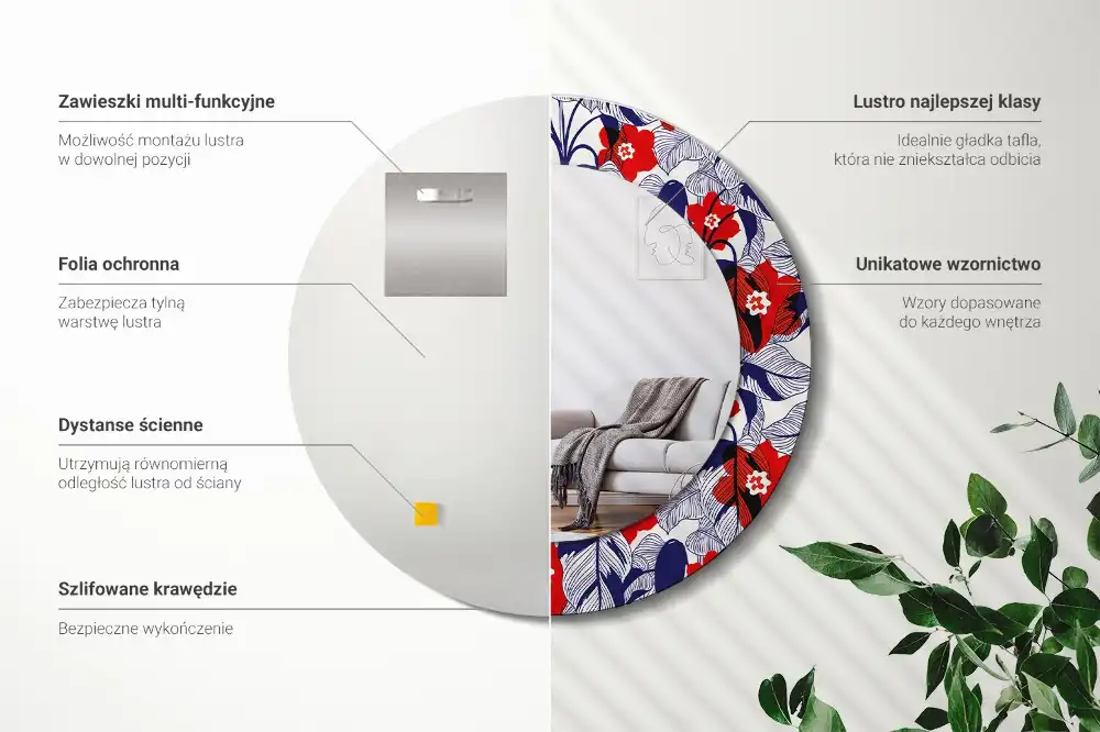 Okrúhle zrkadlo s potlačeným rámom Filodendrony