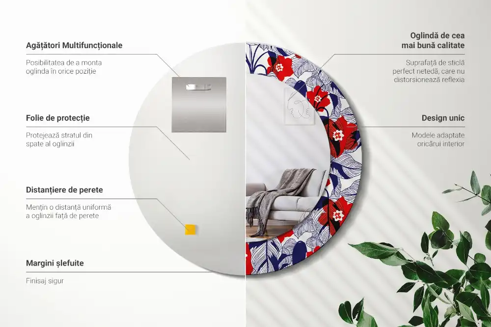 Okrúhle zrkadlo s potlačeným rámom Filodendrony