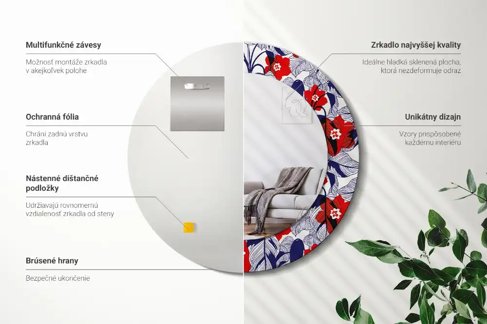 Okrúhle zrkadlo s potlačeným rámom Filodendrony