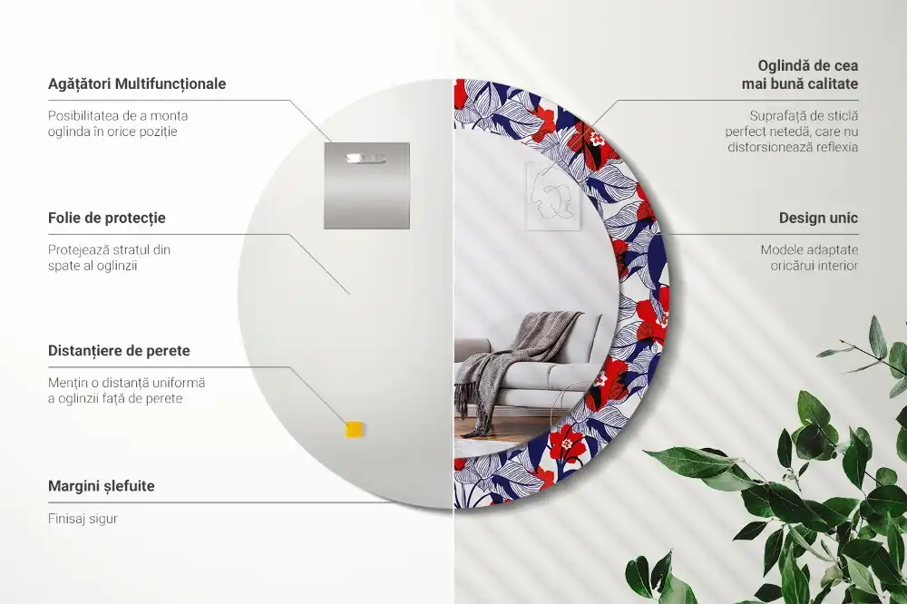 Okrúhle zrkadlo s potlačeným rámom Filodendrony