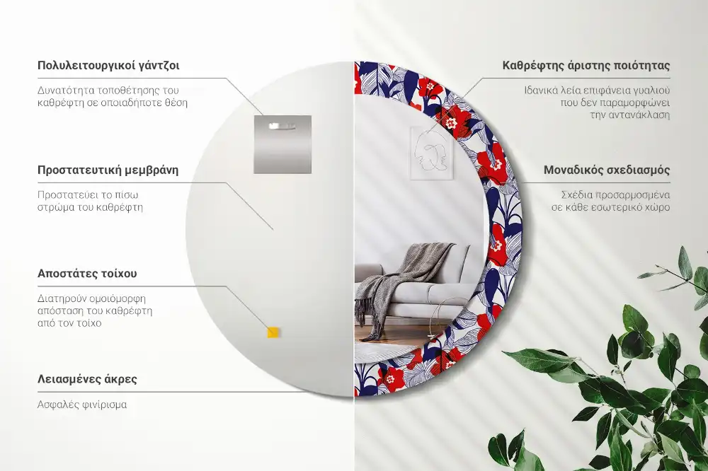 Okrúhle zrkadlo s potlačeným rámom Filodendrony