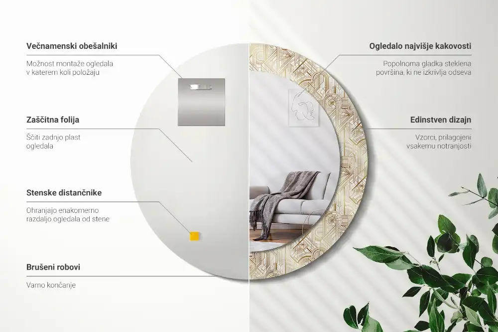 Okrúhle dekoračné zrkadlo na stenu Art deco kompozícia