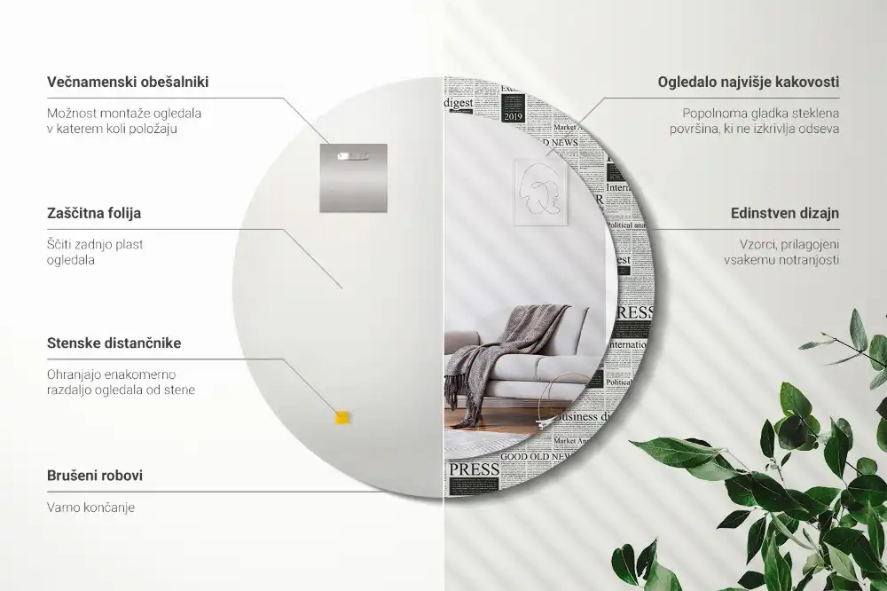 Okrúhle zrkadlo rám s potlačou Noviny