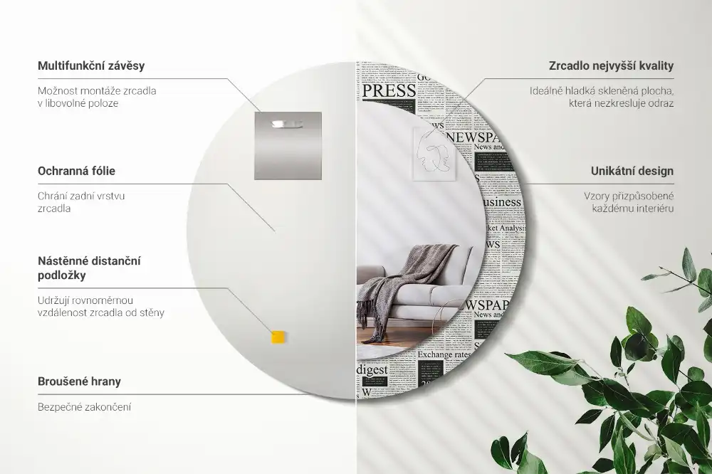 Okrúhle zrkadlo rám s potlačou Noviny