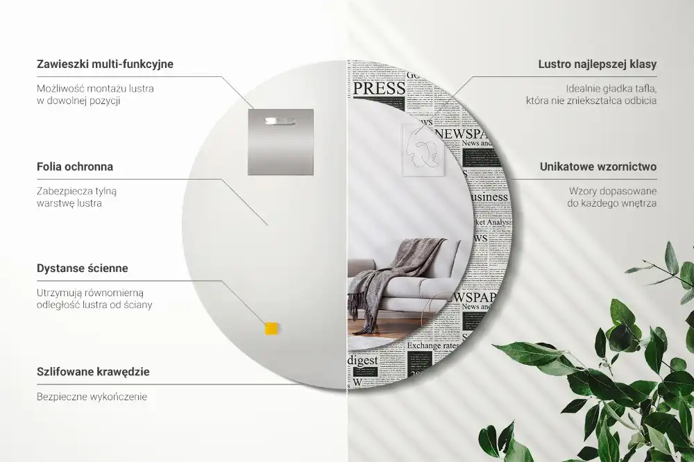 Okrúhle zrkadlo rám s potlačou Noviny