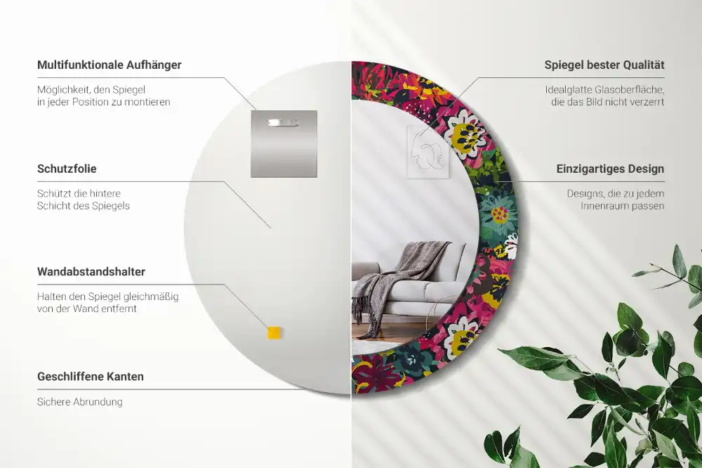 Okrúhle zrkadlo rám s potlačou Maľované kvety