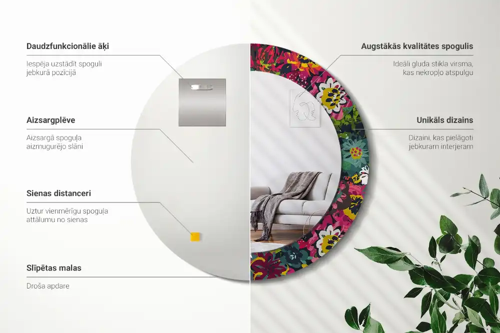 Okrúhle zrkadlo rám s potlačou Maľované kvety