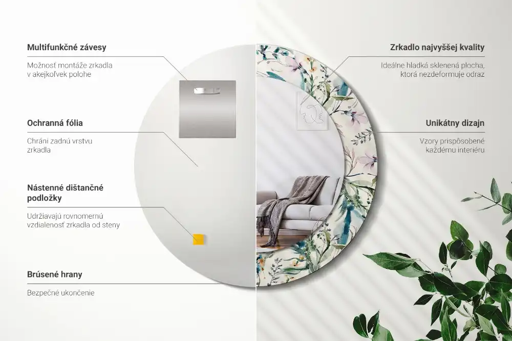 Okrúhle zrkadlo s potlačeným rámom Akvarelové kvety