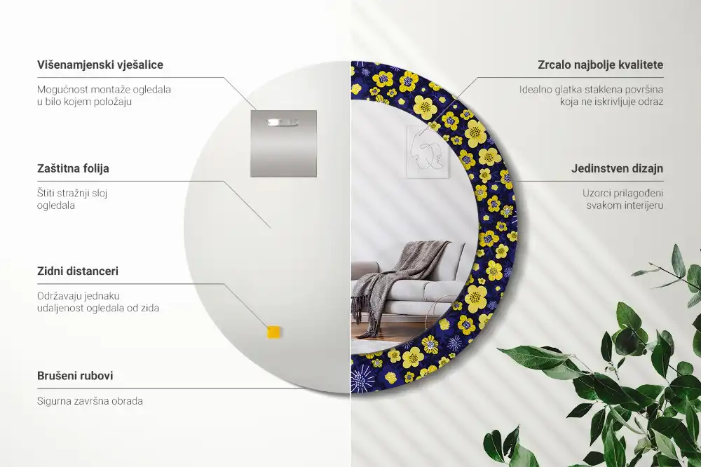 Okrúhle zrkadlo s potlačeným rámom Malé kvety