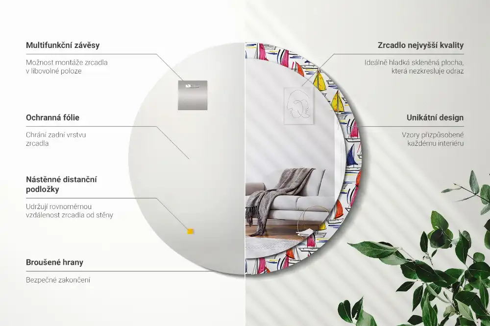 Okrúhle zrkadlo rám s potlačou Farebné lode