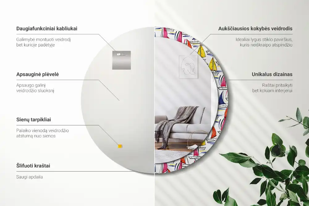 Okrúhle zrkadlo rám s potlačou Farebné lode