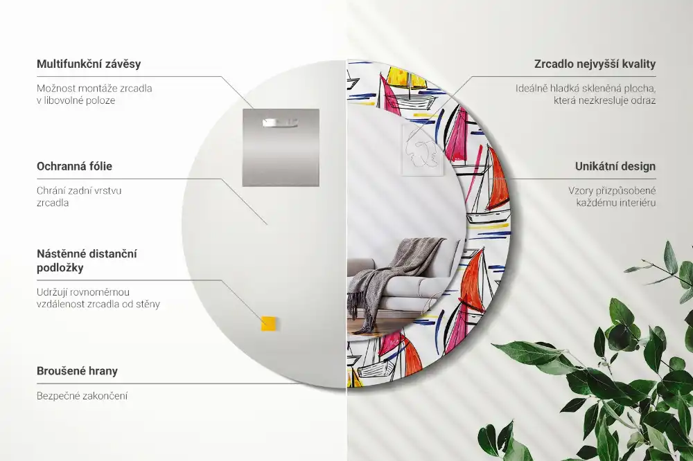 Okrúhle zrkadlo rám s potlačou Farebné lode