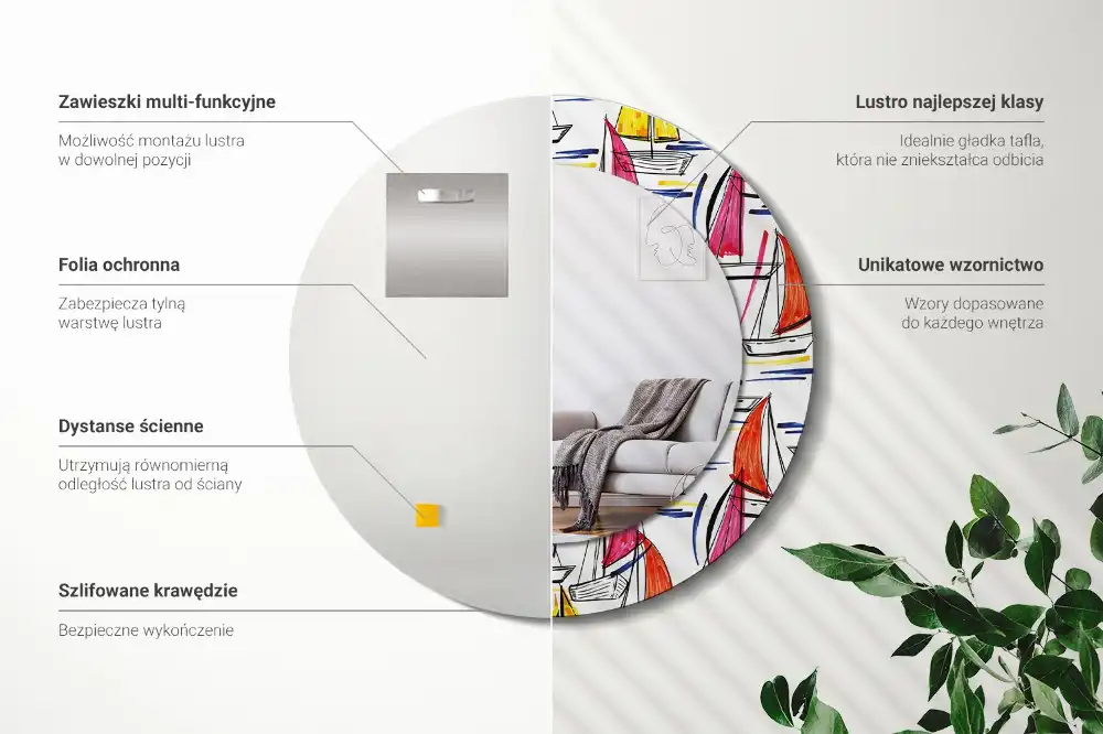 Okrúhle zrkadlo rám s potlačou Farebné lode