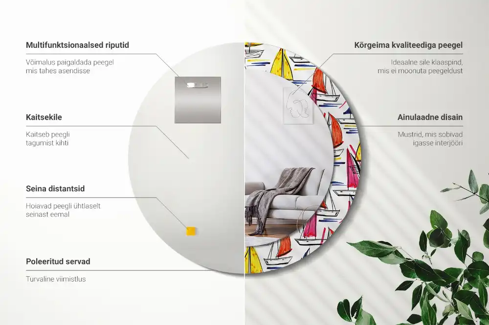 Okrúhle zrkadlo rám s potlačou Farebné lode