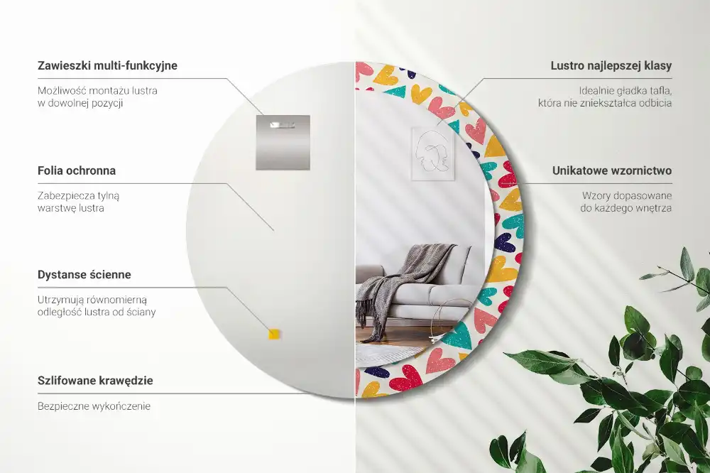 Okrúhle zrkadlo s potlačeným rámom Farebné srdcia