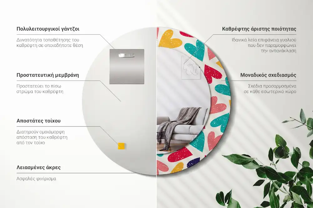 Okrúhle zrkadlo s potlačeným rámom Farebné srdcia