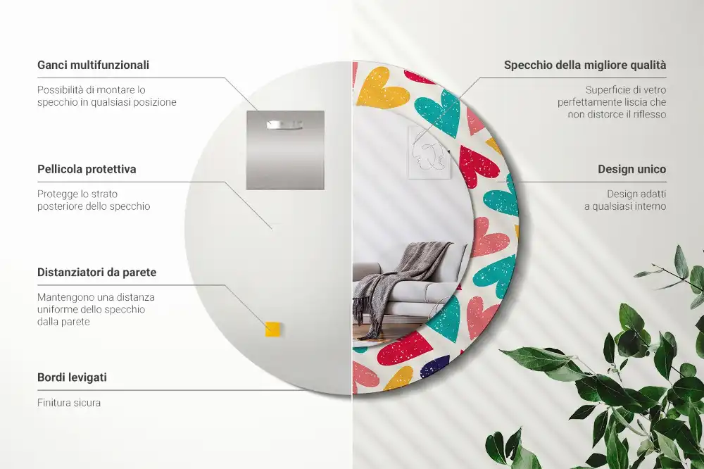 Okrúhle zrkadlo s potlačeným rámom Farebné srdcia