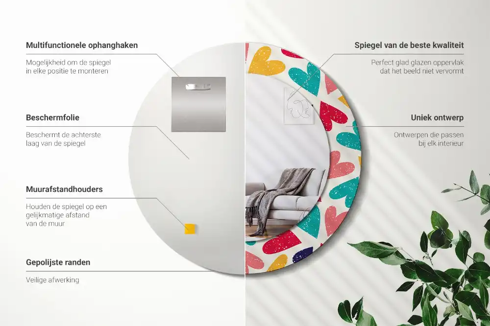 Okrúhle zrkadlo s potlačeným rámom Farebné srdcia