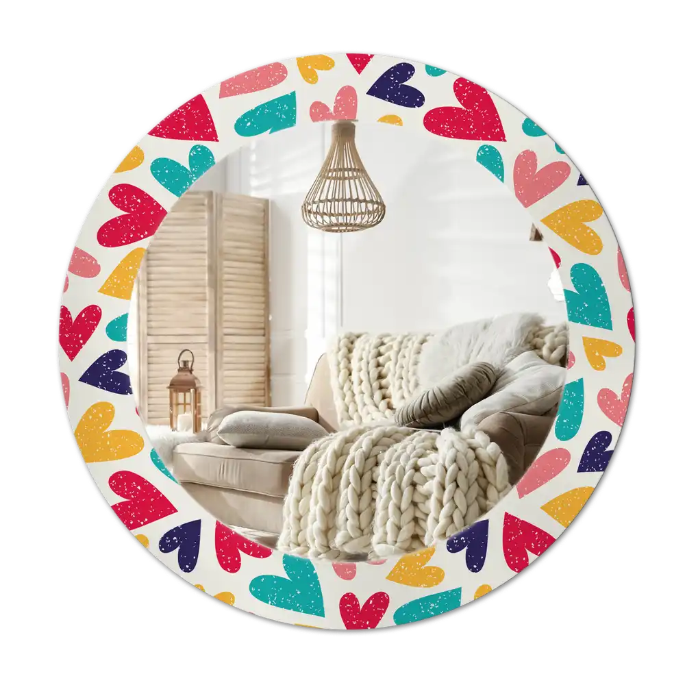 Okrúhle zrkadlo s potlačeným rámom Farebné srdcia