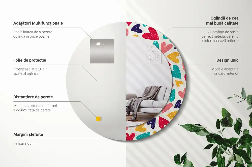 Okrúhle zrkadlo s potlačeným rámom Farebné srdcia