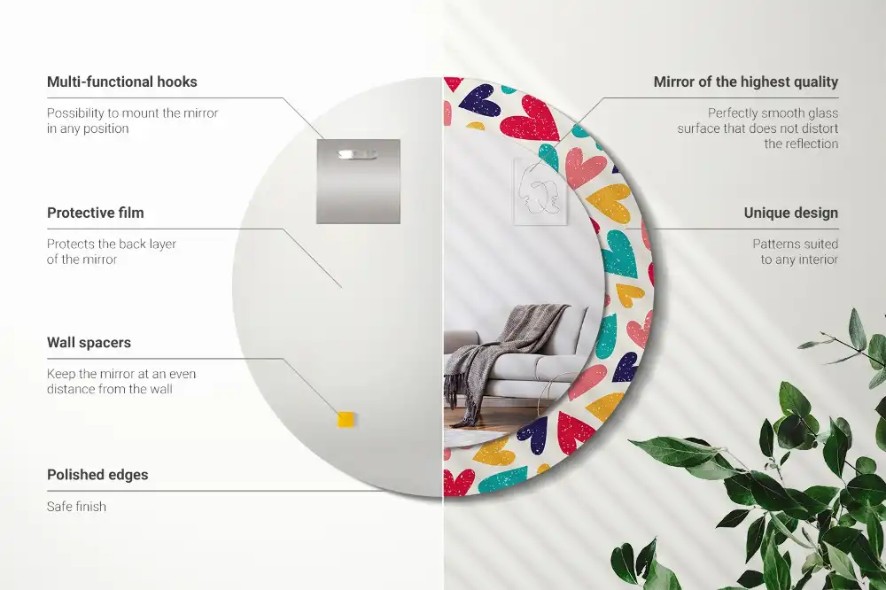 Okrúhle zrkadlo s potlačeným rámom Farebné srdcia