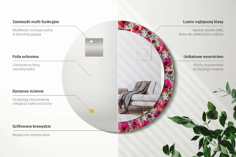 Okrúhle zrkadlo rám s potlačou Ružové vlčie maky