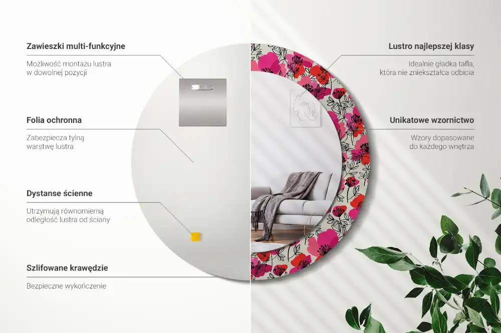 Okrúhle zrkadlo rám s potlačou Ružové vlčie maky