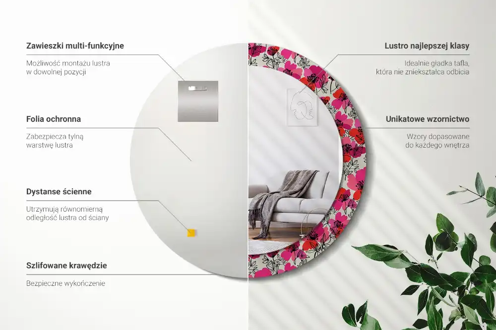 Okrúhle zrkadlo rám s potlačou Ružové vlčie maky