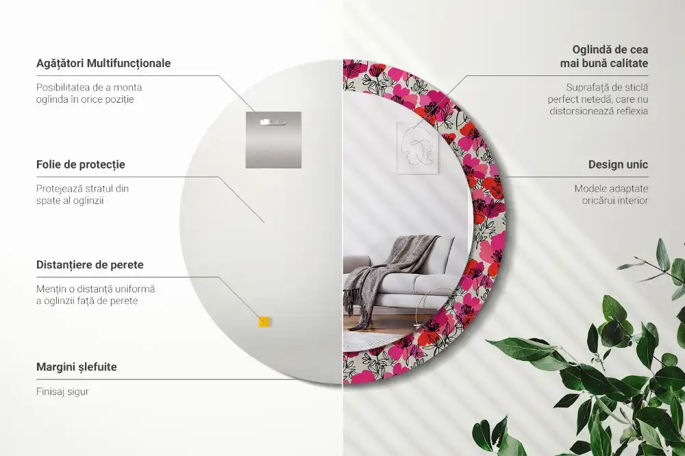 Okrúhle zrkadlo rám s potlačou Ružové vlčie maky