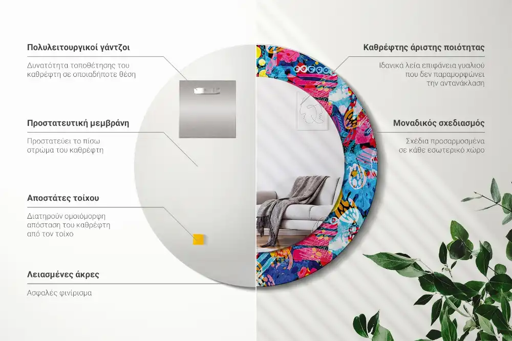 Okrúhle zrkadlo s potlačeným rámom Farebné čmáranice