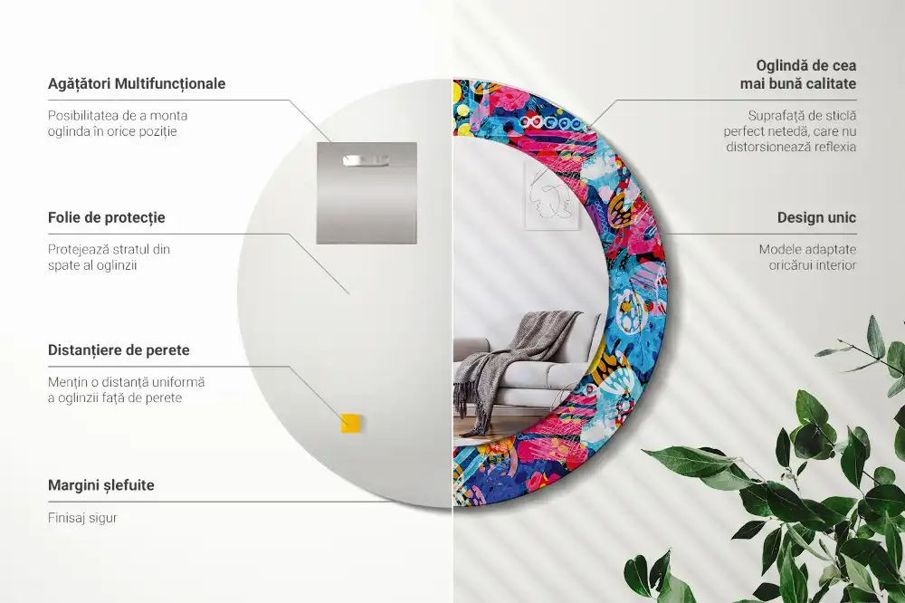 Okrúhle zrkadlo s potlačeným rámom Farebné čmáranice