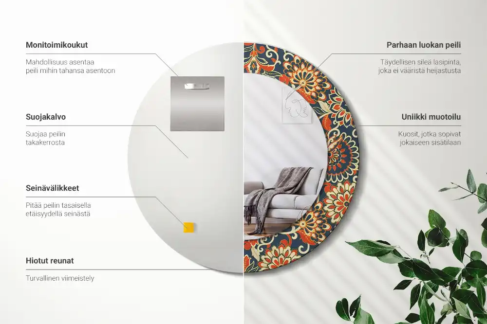 Okrúhle zrkadlo rám s potlačou Retro kvety