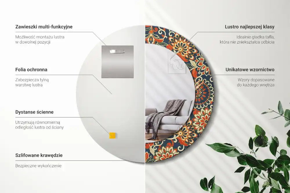 Okrúhle zrkadlo rám s potlačou Retro kvety