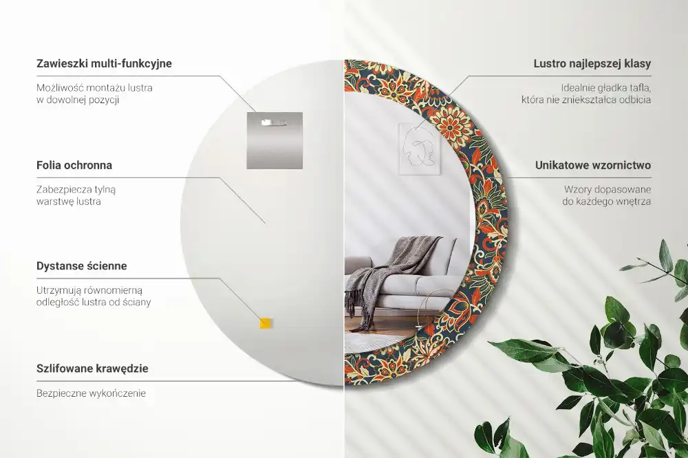 Okrúhle zrkadlo rám s potlačou Retro kvety