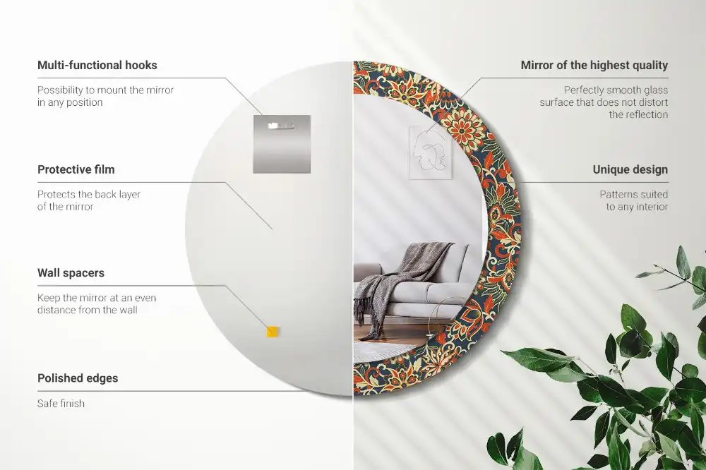 Okrúhle zrkadlo rám s potlačou Retro kvety