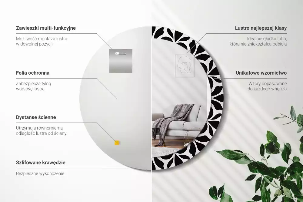 Okrúhle zrkadlo s potlačeným rámom Čierna ozdoba